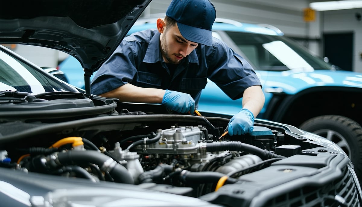 Auto technician fixing a car engine